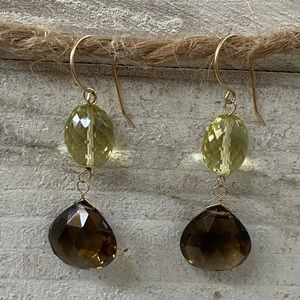 14K Gold Wire Earrings with Lemon and Smoky Quartz